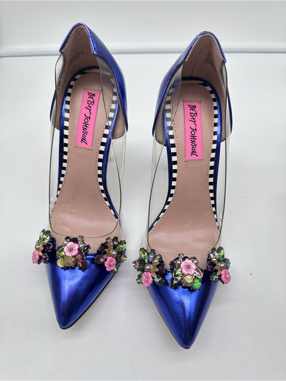 Betsey Johnson Metallic Royal Blue Pointed Toe Pumps with Floral Jewels - Picture 2 of 13